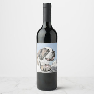Etiqueta Para Botella De Vino Pintura de San Bernardo - Arte de Perro Original.