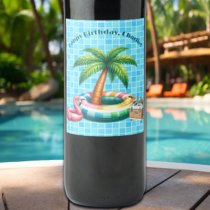 Etiqueta Para Botella De Vino Piscina de palmeras Fiesta Flamingo Fiesta de Cump