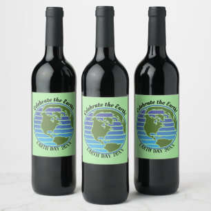 Etiqueta Para Botella De Vino Planeta del mapa del globo azul verde del Día de l