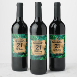 Etiqueta Para Botella De Vino Plantas Tropicales Oro 21 cumpleaños personalizado