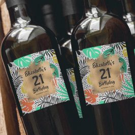 Etiqueta Para Botella De Vino Plantas Tropicales Oro 21 cumpleaños personalizado