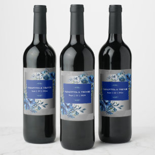 Etiqueta Para Botella De Vino Plata Metálica y Pétalos Azules: Un Toque de Elega