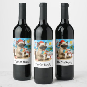 Etiqueta Para Botella De Vino Playa de gato siamesa temática para Navidades en j