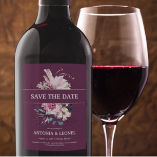 Etiqueta Para Botella De Vino Plum Pink Floral Wedding Save the date