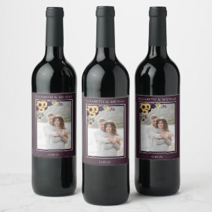Etiqueta Para Botella De Vino Plum Purple Sunflower Watercolor Boda de foto