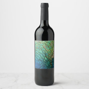 Etiqueta Para Botella De Vino Plumas de Pavo Real I Diseño de Naturaleza Abstrac