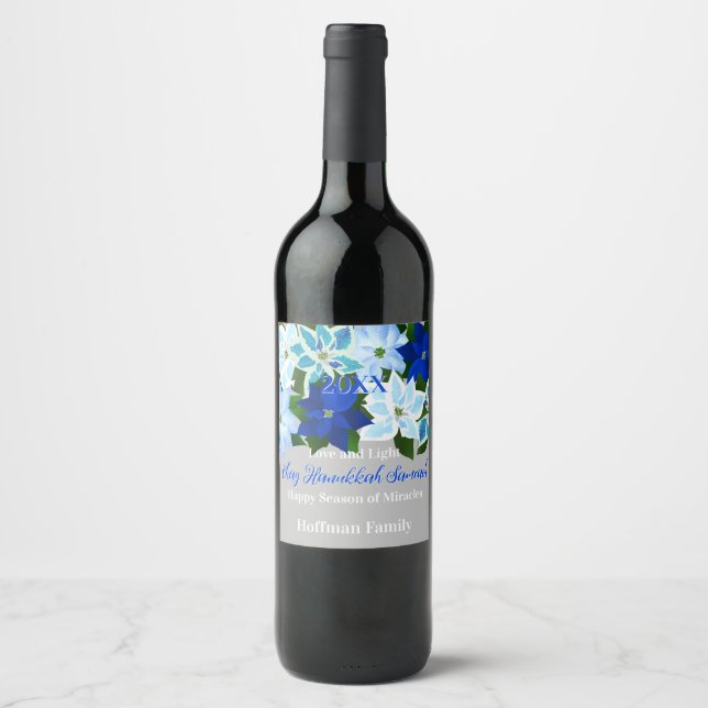 Etiqueta Para Botella De Vino Poinsettia azul Hanukkah (Anverso)