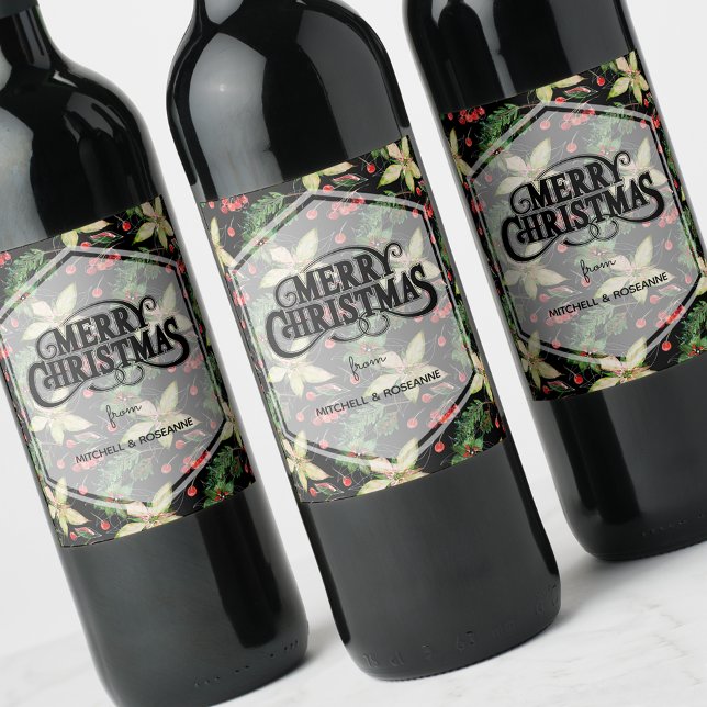Etiqueta Para Botella De Vino Poinsettia y Berries en negro (Subido por el creador)