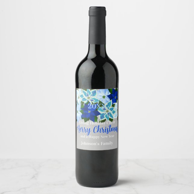 Etiqueta Para Botella De Vino Poinsettias azules (Anverso)