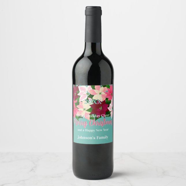 Etiqueta Para Botella De Vino Poinsettias rosadas (Anverso)