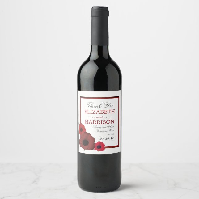 Etiqueta Para Botella De Vino Poppies rojos y Boda Burlap (Anverso)
