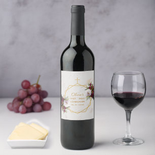 Etiqueta Para Botella De Vino Primera Comunión Borgoña Peonía Mármol Dorado Flor