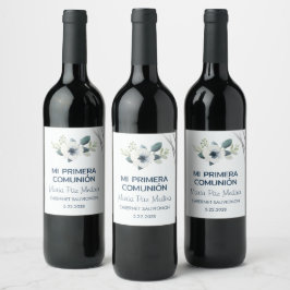 Etiqueta Para Botella De Vino Primera Comunión de Flores Blancas