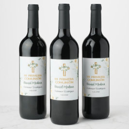 Etiqueta Para Botella De Vino Primera Comunión de la Cruz y las Flores