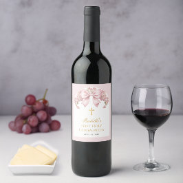 Etiqueta Para Botella De Vino Primera Comunión de Niña Arco Rosa Floral Lazo de 