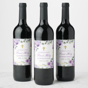 Etiqueta Para Botella De Vino Primera Comunión de Niña Floral Púrpura