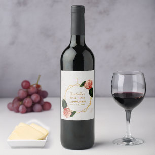 Etiqueta Para Botella De Vino Primera Comunión Floral Camelia Mármol Dorado