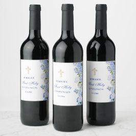 Etiqueta Para Botella De Vino Primera Comunión Hortensia Azul