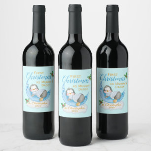 Etiqueta Para Botella De Vino Primeras Navidades como mamá y papi pingüino azul