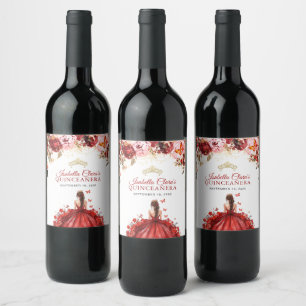 Etiqueta Para Botella De Vino Princesa de oro floral encantada de escarlata Quin