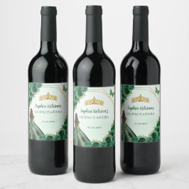 Etiqueta Para Botella De Vino Princesa floral de oro verde esmeralda Quinceañera