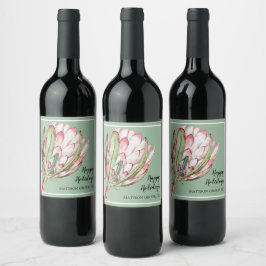 Etiqueta Para Botella De Vino Protea tropical rosada floral en la menta