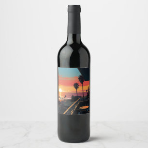 ETIQUETA PARA BOTELLA DE VINO PUESTA DE SOL EN SANTA MONICA #1