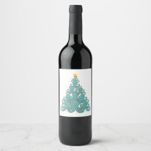 Etiqueta Para Botella De Vino Pulpo Árbol de Navidad Sombrero de Santa Luces de