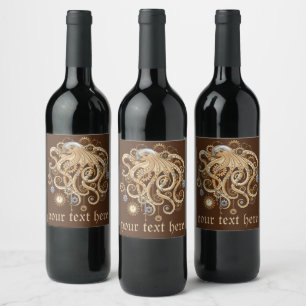 Etiqueta Para Botella De Vino Pulpo Steampunk Retro Fantasía Mecánica