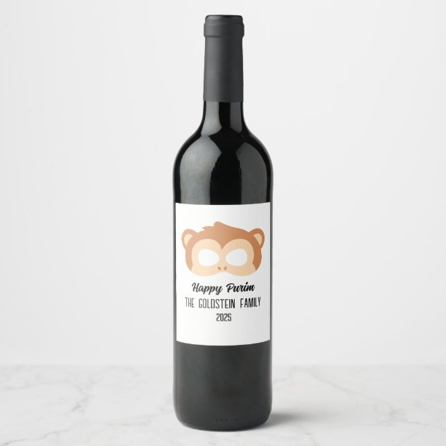 Etiqueta Para Botella De Vino Purim Monkey mascarada disfraz (Anverso)