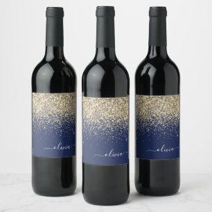 Etiqueta Para Botella De Vino Purpurina azul de la marina de oro guión Monograma