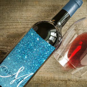 Etiqueta Para Botella De Vino Purpurina azul moderno marca nombre personalizado