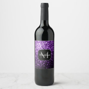 Etiqueta Para Botella De Vino Purpurina brillante oscuro morado chispas Monogram