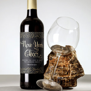 Etiqueta Para Botella De Vino Purpurina de copos de nieve con guión de oro negro