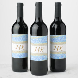 Etiqueta Para Botella De Vino purpurina de oro azul chispa monograma texto
