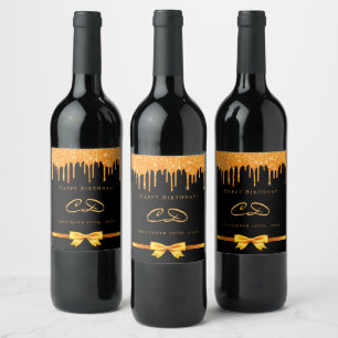 Etiqueta Para Botella De Vino Purpurina de oro negro de cumpleaños goteo en mono
