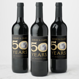 Etiqueta Para Botella De Vino Purpurina de oro plantilla de fotografía de 50 año