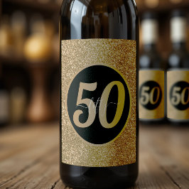 Etiqueta Para Botella De Vino Purpurina Negro y Oro 50 Cincuenta Años 50 Años Cu