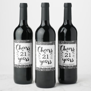 Etiqueta Para Botella De Vino Purpurina Plata 21 años - Saludos a 21 años