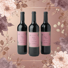 Etiqueta Para Botella De Vino purpurina rosa glamoroso boda follaje botánico