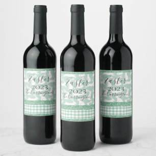 Etiqueta Para Botella De Vino Purpurina Verde Gingham Plaid Rabbits