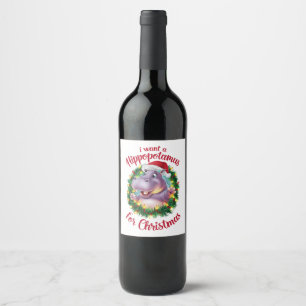 Etiqueta Para Botella De Vino Quiero Hipopótamo Para Navidades Xmas Hippo