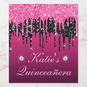 Etiqueta Para Botella De Vino Quinceañera de purpurina goteante rosa y negra