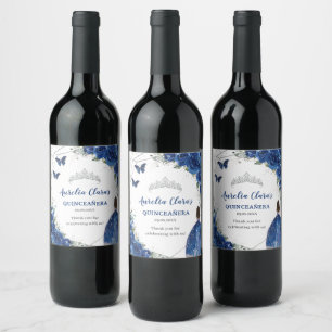 Etiqueta Para Botella De Vino Quinceañera floral azul real plateada cumpleaños 1