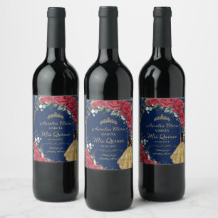 Etiqueta Para Botella De Vino Quinceañera floral roja encantada marina Rosa azul