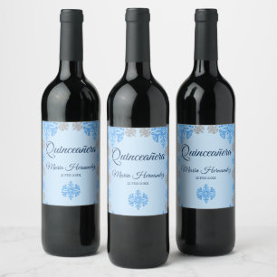 Etiqueta Para Botella De Vino Quinceañera Ice Blue Silver Snowflake