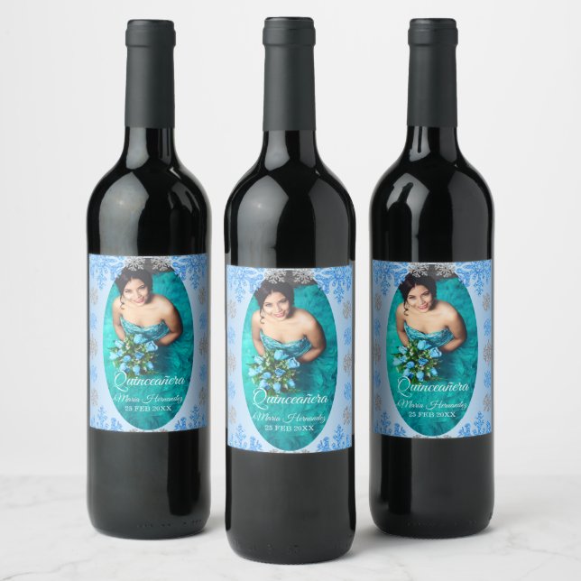 Etiqueta Para Botella De Vino Quinceañera Ice Blue Silver Snowflake (Botellas)