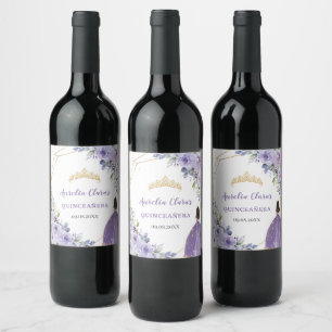 Etiqueta Para Botella De Vino Quinceañera Purple Lilac Floral Princesa Gown Gold