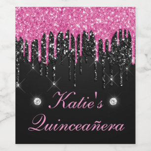 Etiqueta Para Botella De Vino Quinceanera, Purpurina de goteo rosa y negro