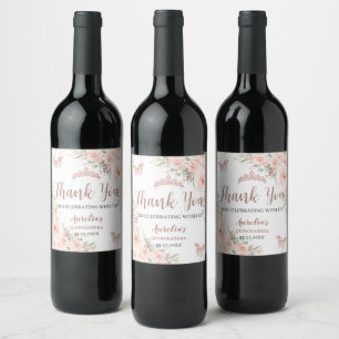 Etiqueta Para Botella De Vino Quinceañera Rubor Floral Rosa Butterflies Gold